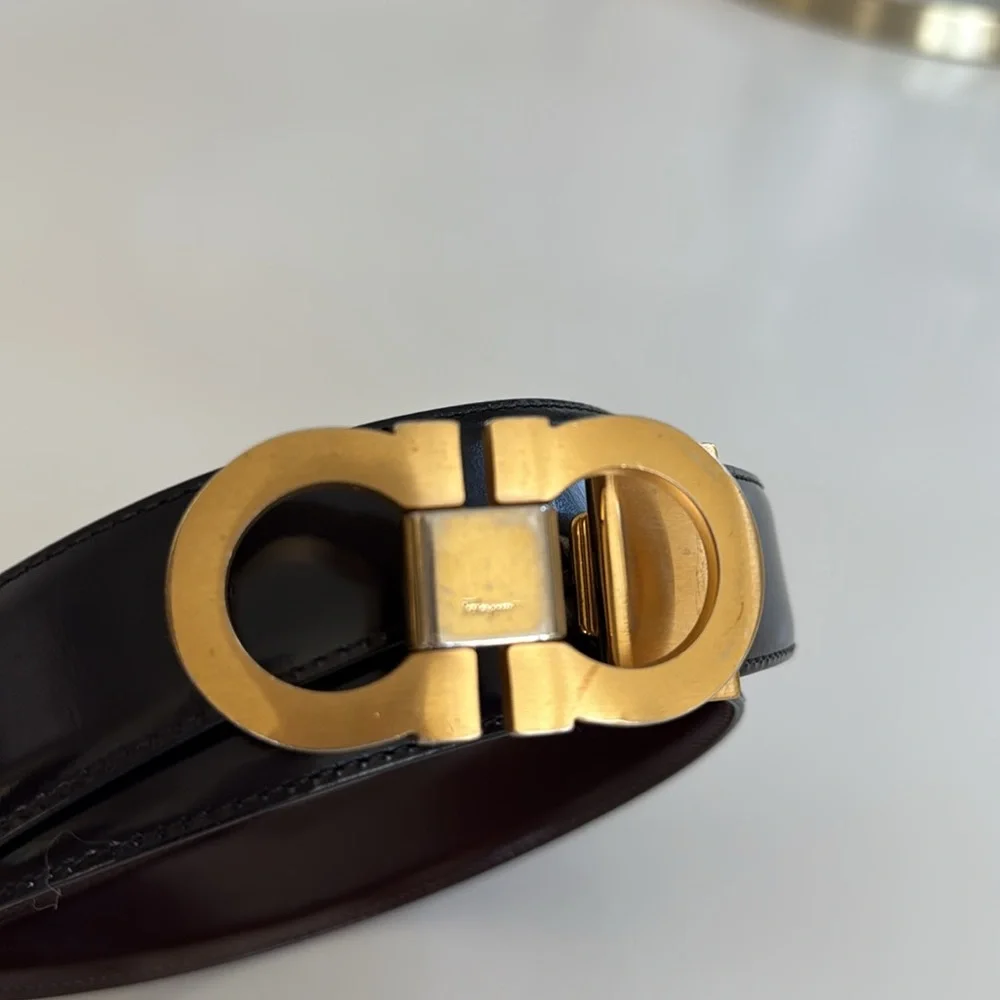 Salvatore Ferragamo Gold Dark Brown Leather Gancini Belt size 40”